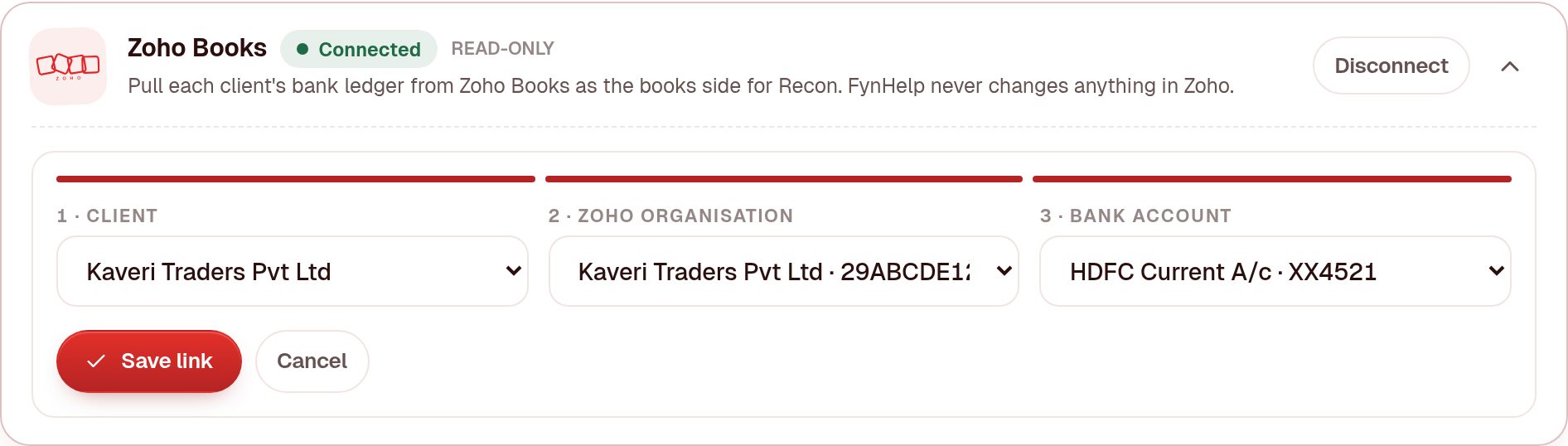 Linking a FynHelp client to a Zoho organisation and its HDFC bank account