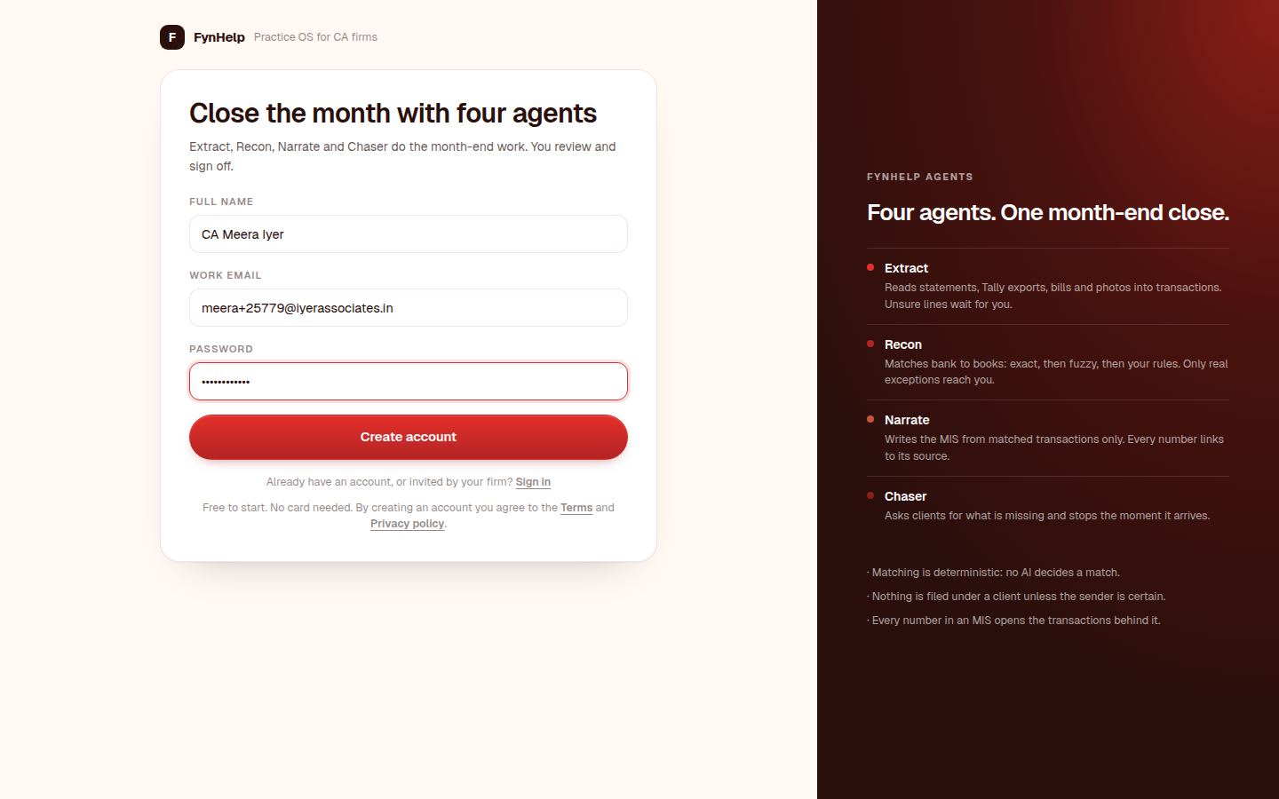 Sign-up form with full name, work email and password
