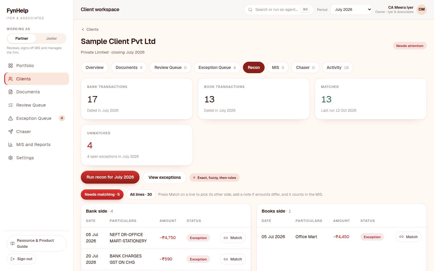 FynHelp reconciliation screen: bank and book lines for July, matched and unmatched counts, and the lines that still need a decision
