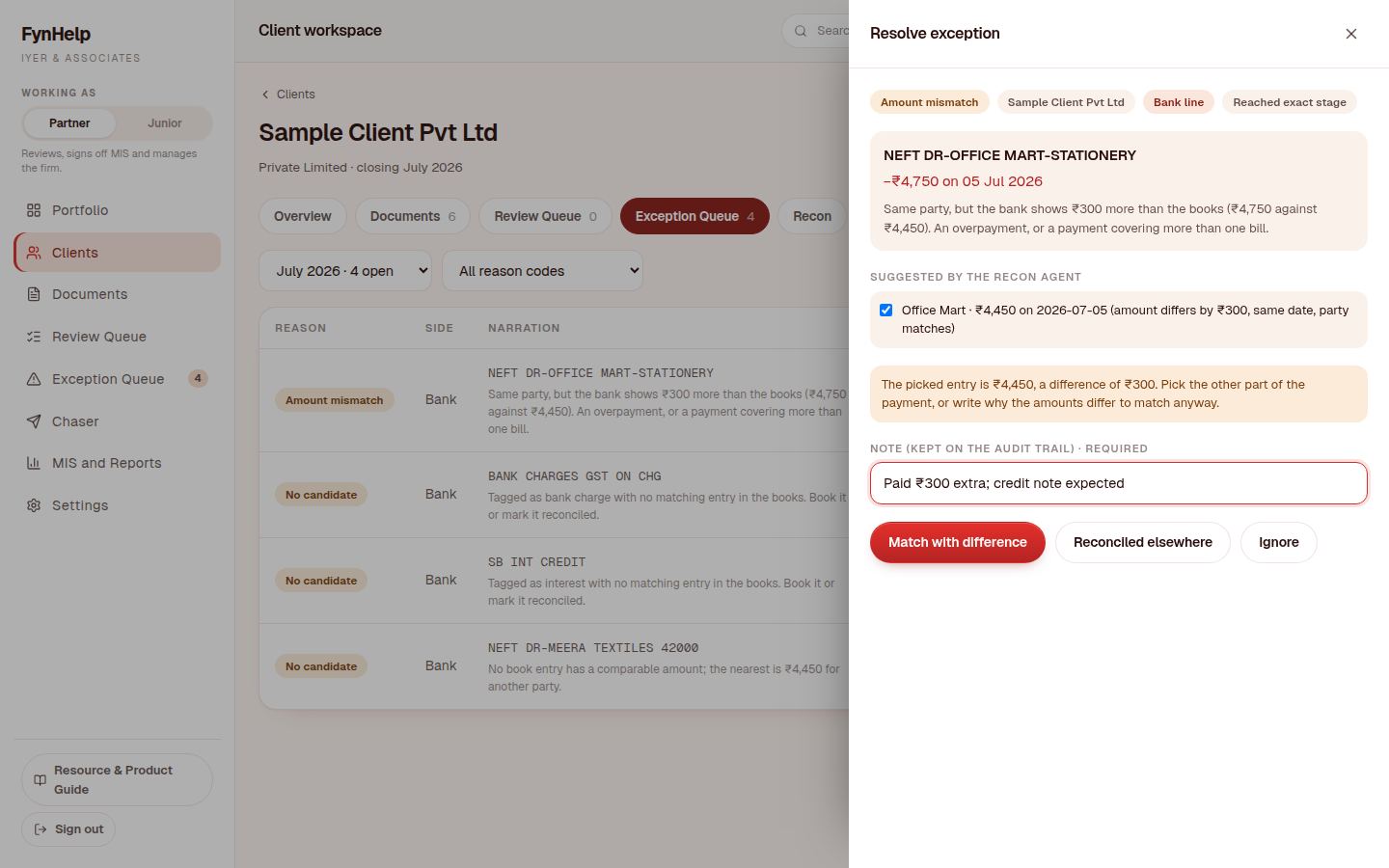 Resolve exception drawer: amount mismatch of ₹300 with a required note
