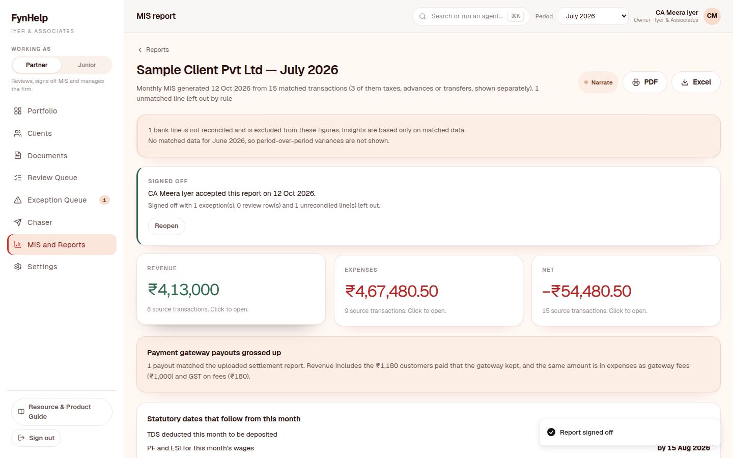 Signed off by the partner, with PDF and Excel buttons